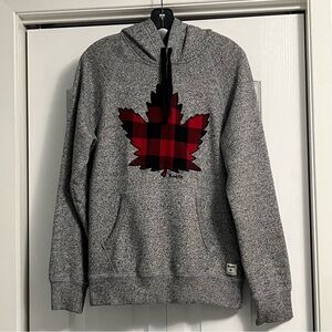 ROOTS men’s maple leaf pullover hoodie sweatshirt size XS grey red Buffalo plaid